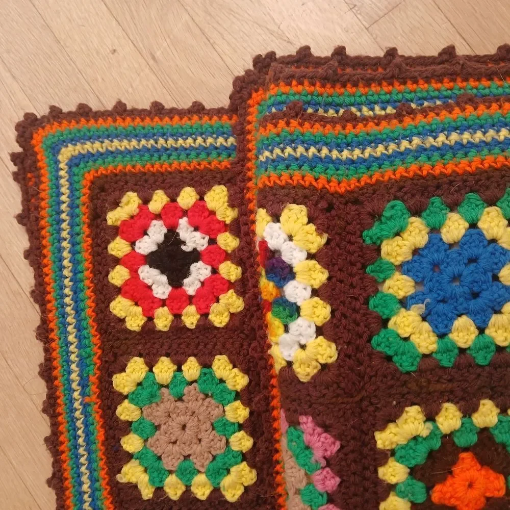 Vintage 70's Handmade Blanket Granny Square Farmhouse Multi-Color Crochet Unique